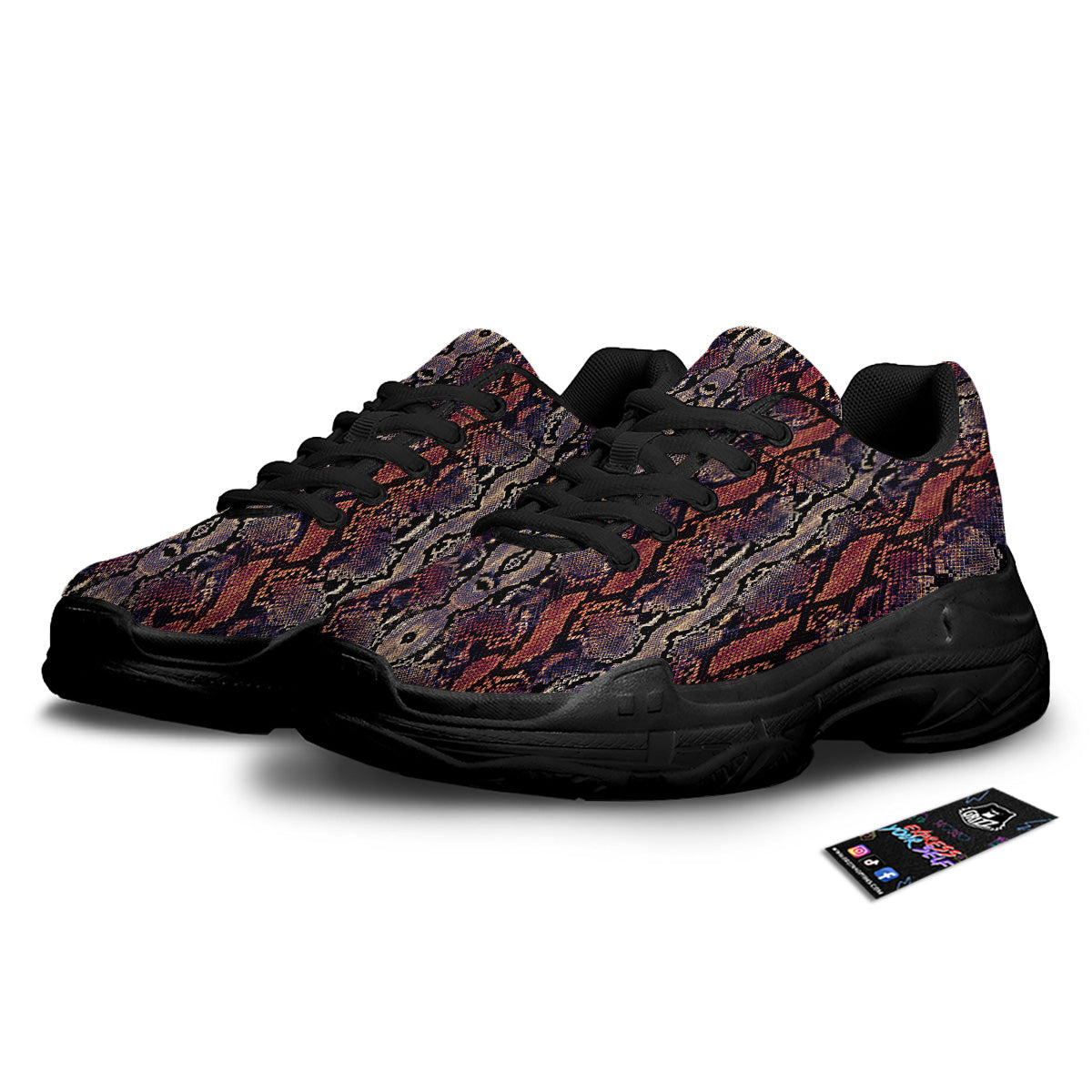 Python Snakeskin Brick Red Print Black Chunky Shoes-grizzshop