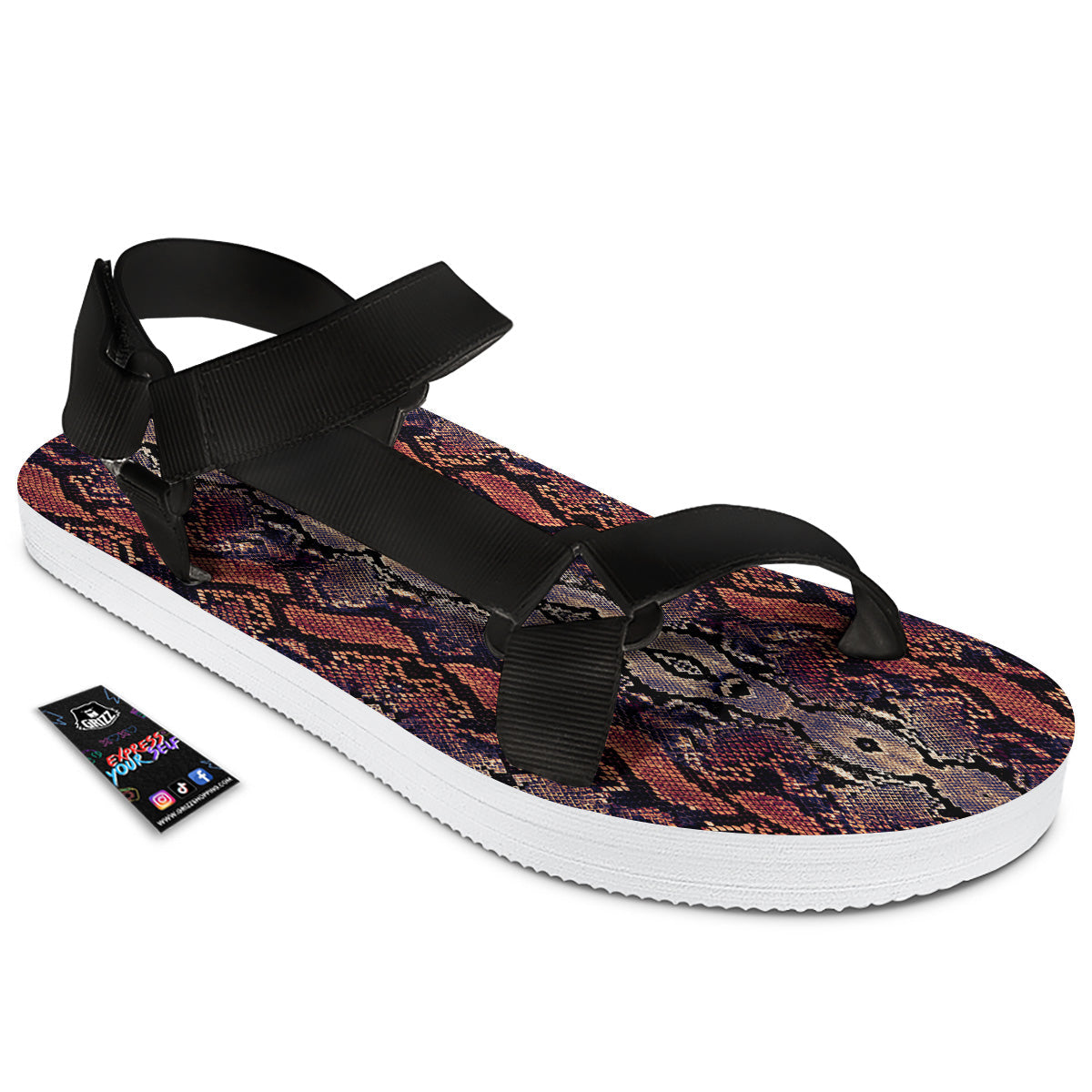 Python Snakeskin Brick Red Print Black Open Toe Sandals-grizzshop