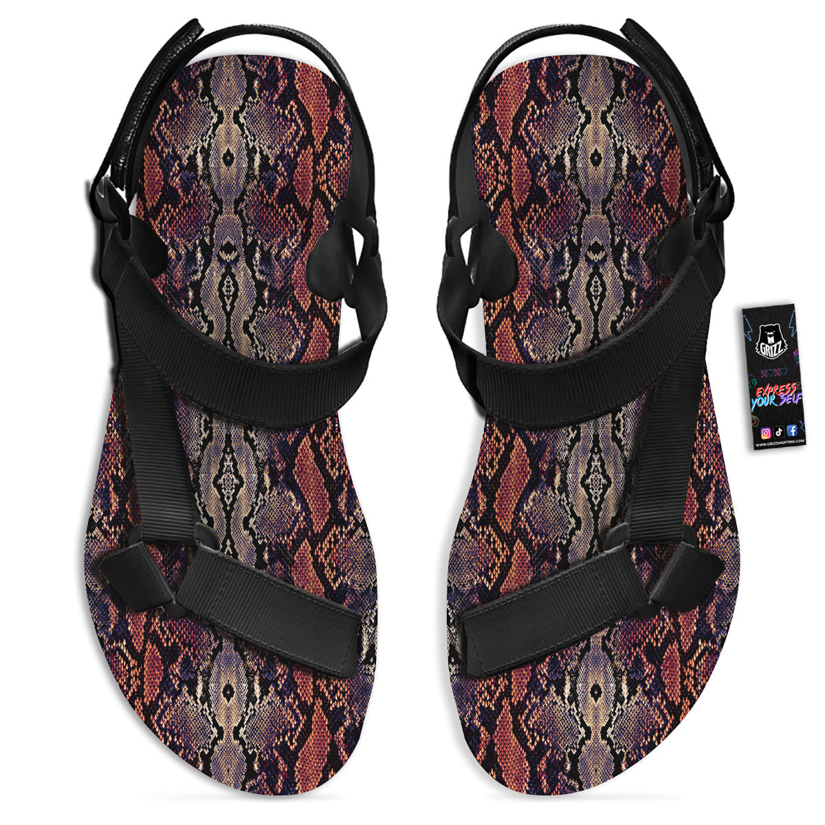 Python Snakeskin Brick Red Print Black Open Toe Sandals-grizzshop