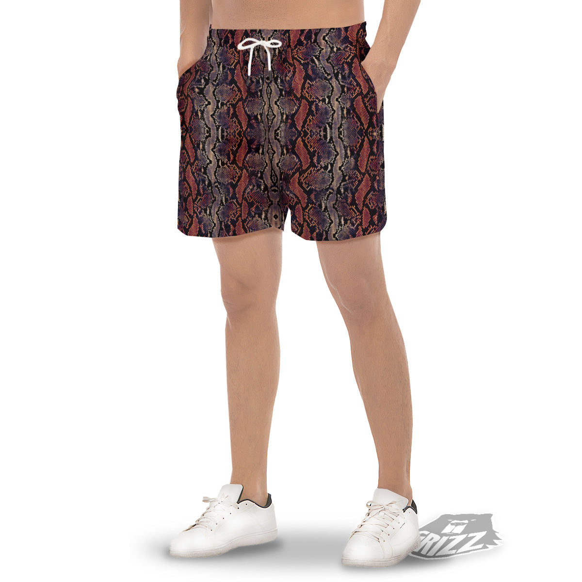 Python Snakeskin Brick Red Print Men's Gym Shorts-grizzshop