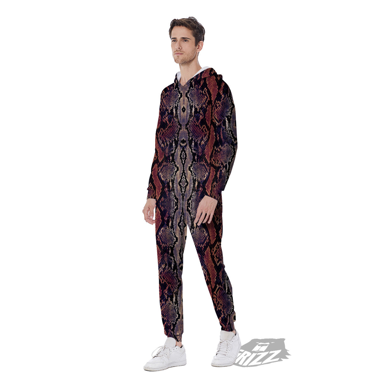 Python Snakeskin Brick Red Print Men's Jumpsuit-grizzshop