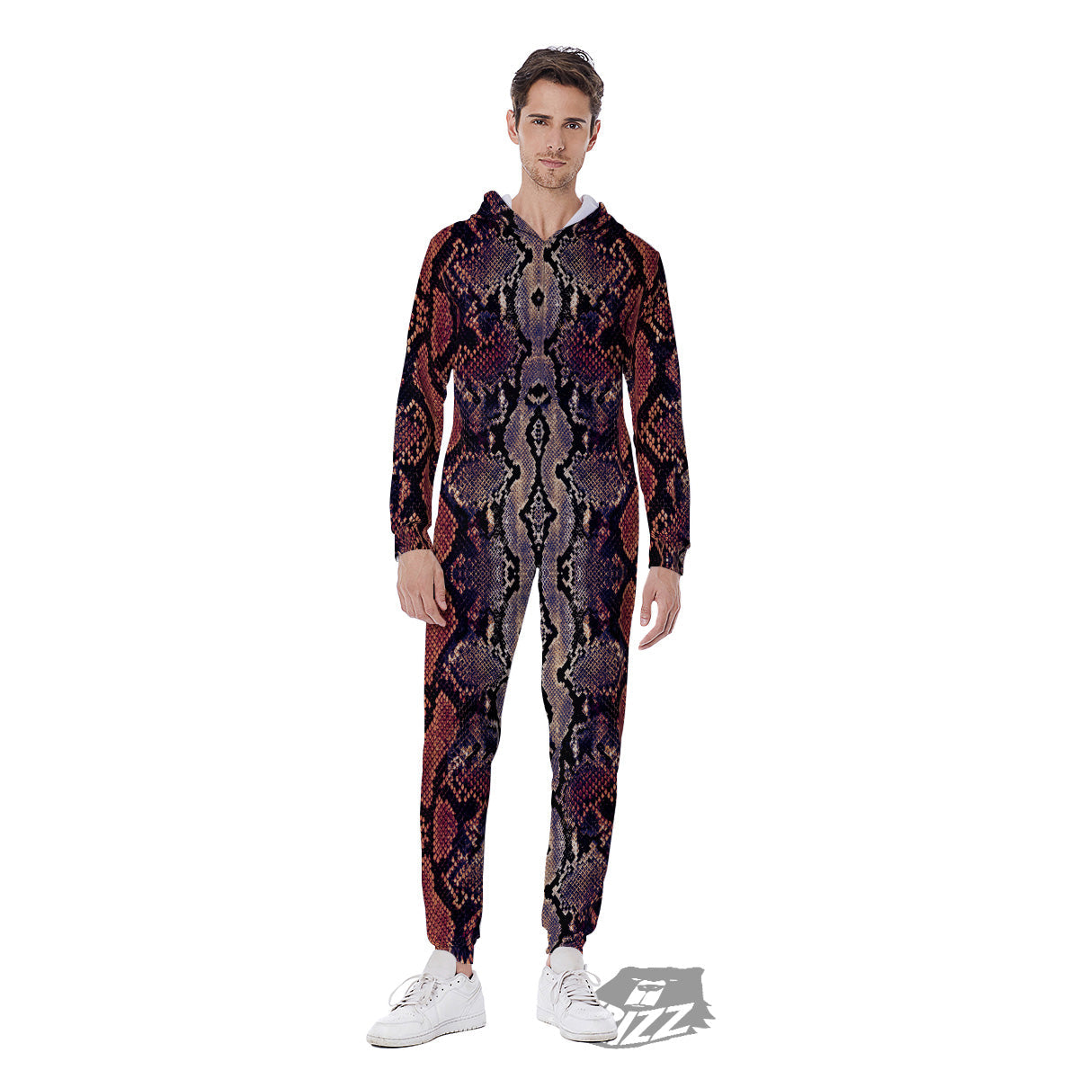 Python Snakeskin Brick Red Print Men's Jumpsuit-grizzshop