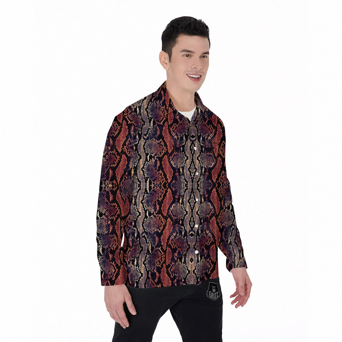 Python Snakeskin Brick Red Print Men's Long Sleeve Shirts-grizzshop