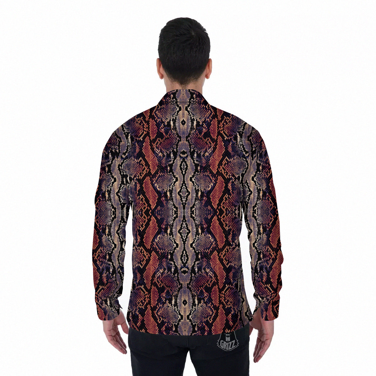Python Snakeskin Brick Red Print Men's Long Sleeve Shirts-grizzshop