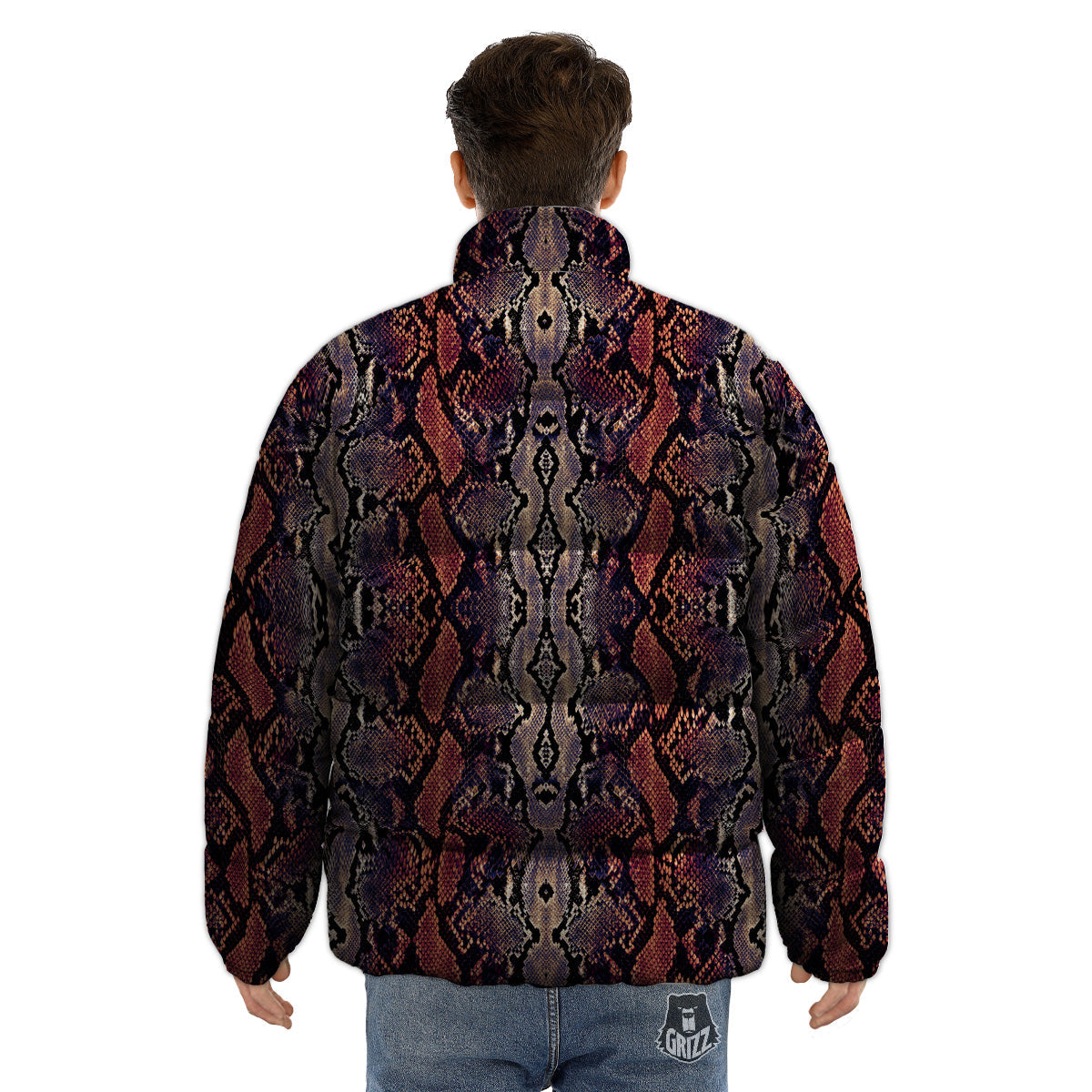 Python Snakeskin Brick Red Print Puffer Jacket-grizzshop
