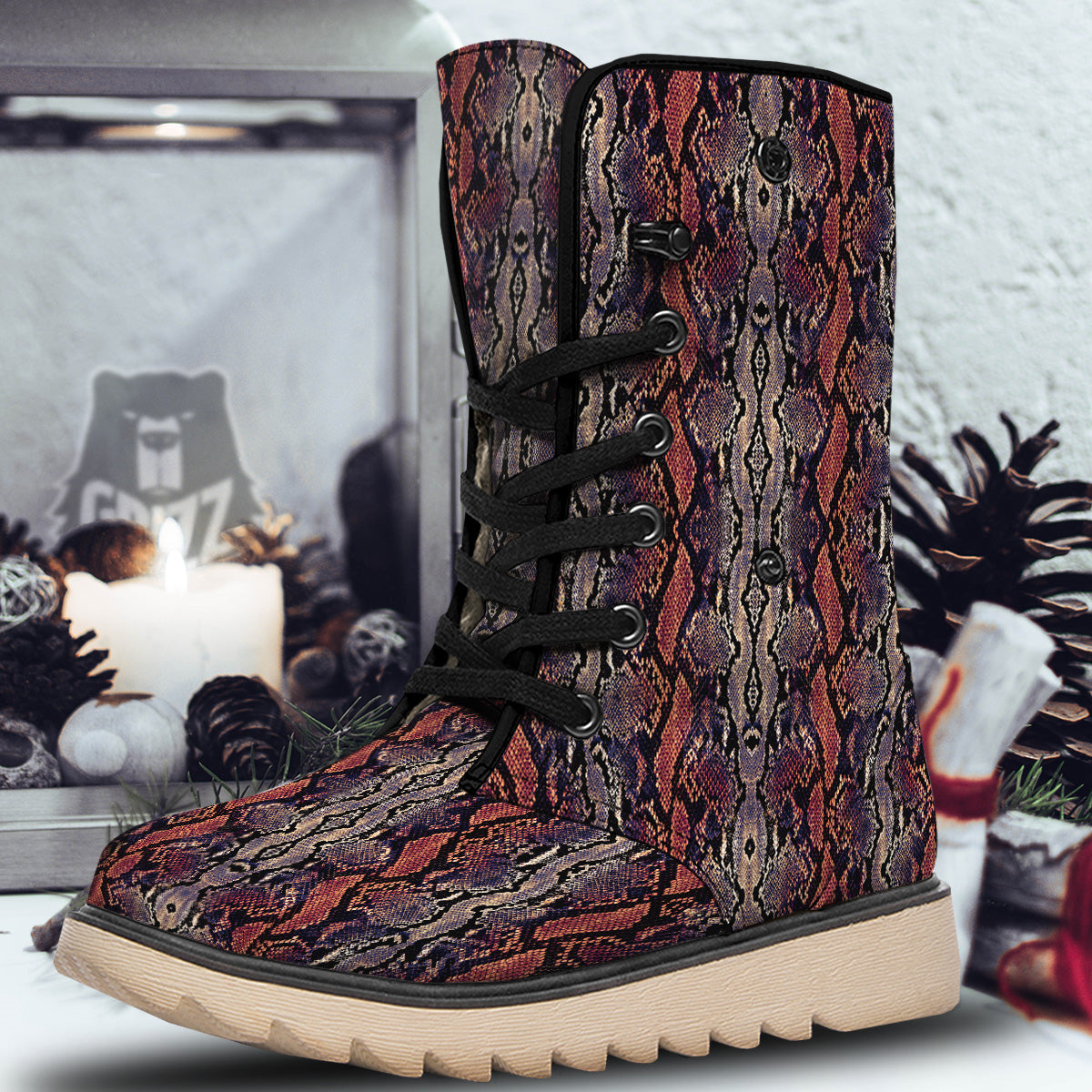 Python Snakeskin Brick Red Print Snow Boots-grizzshop