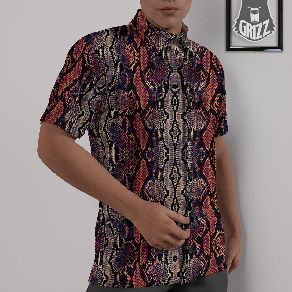 Python Snakeskin Brick Red Print Untucked Shirts-grizzshop