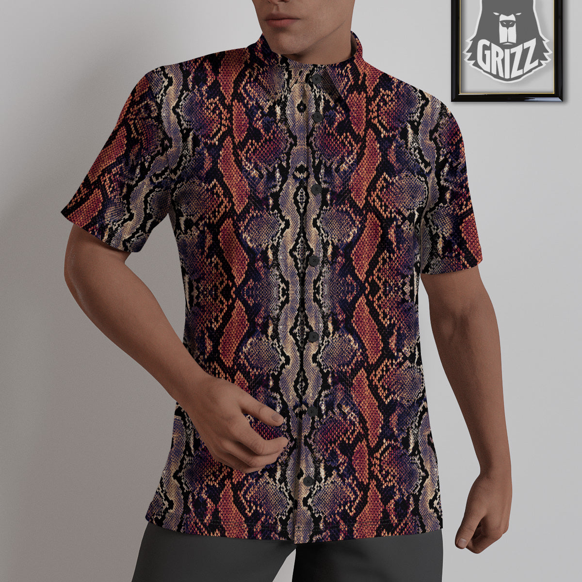 Python Snakeskin Brick Red Print Untucked Shirts-grizzshop
