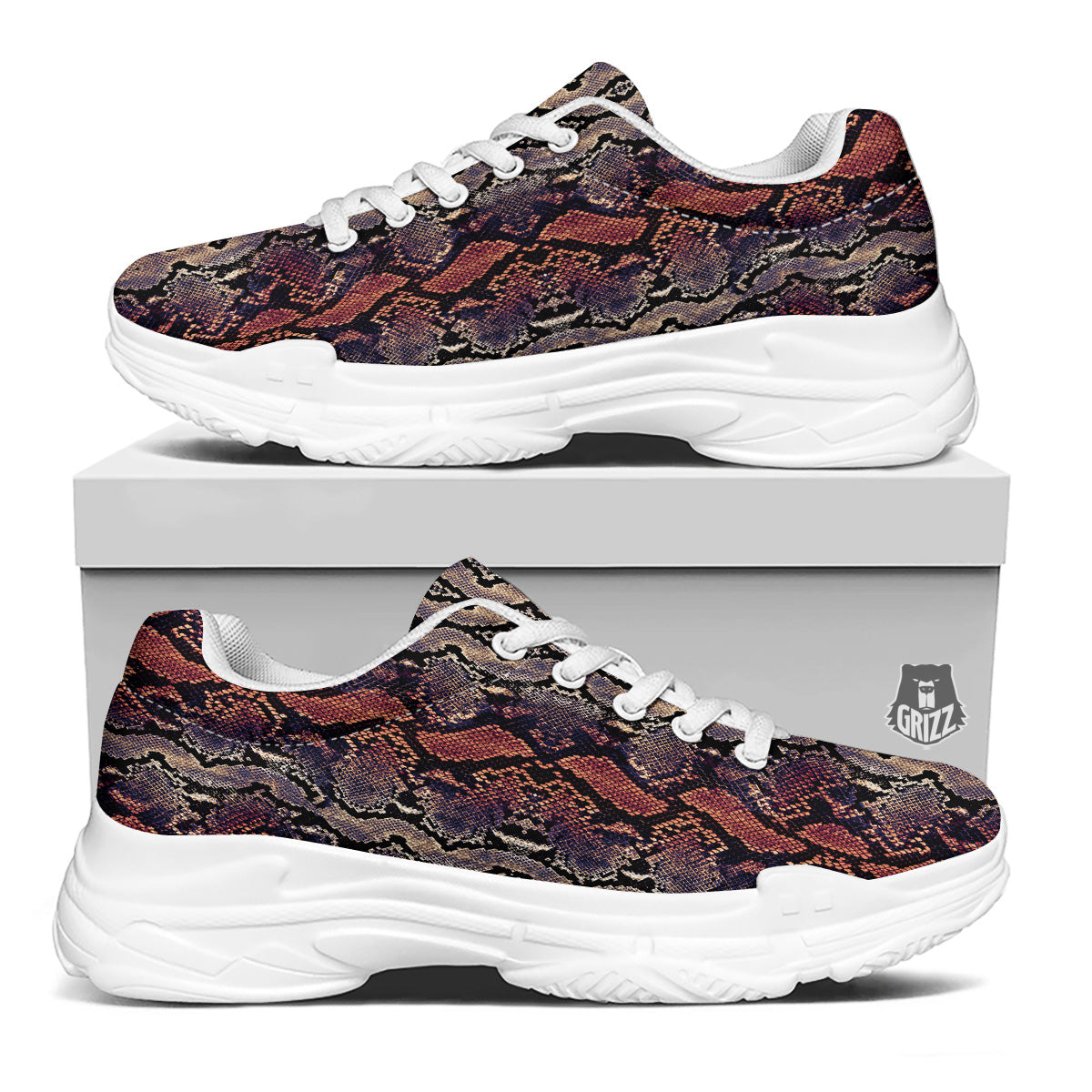 Python Snakeskin Brick Red Print White Chunky Shoes-grizzshop