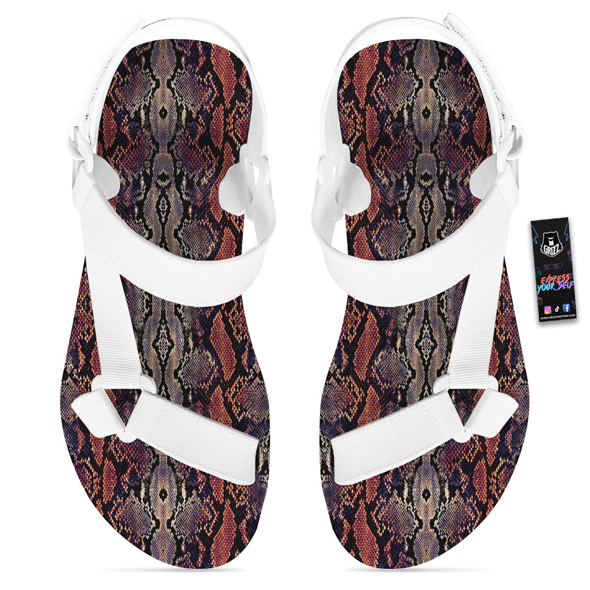 Python Snakeskin Brick Red Print White Open Toe Sandals-grizzshop