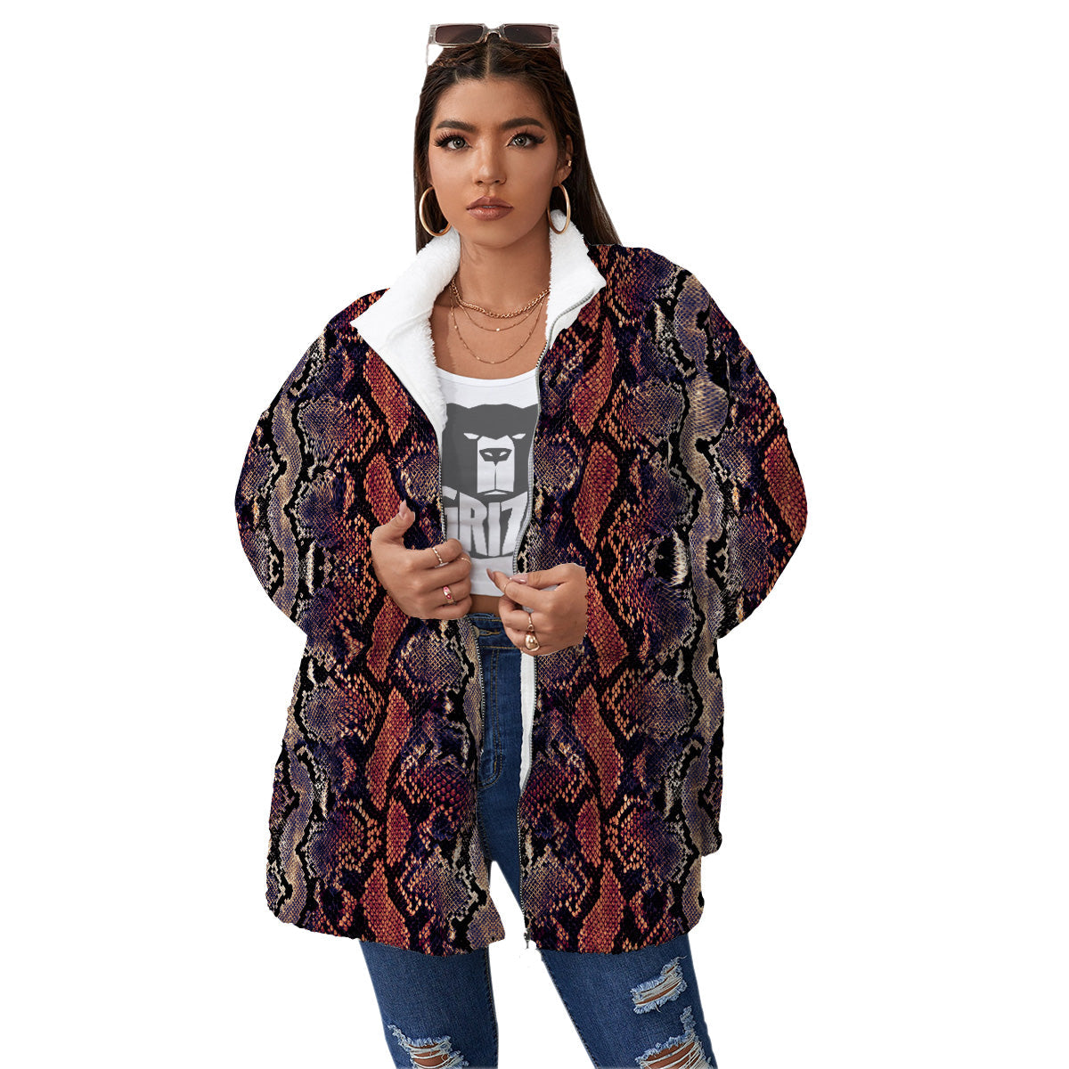 Python Snakeskin Brick Red Print Women's Sherpa Jacket-grizzshop