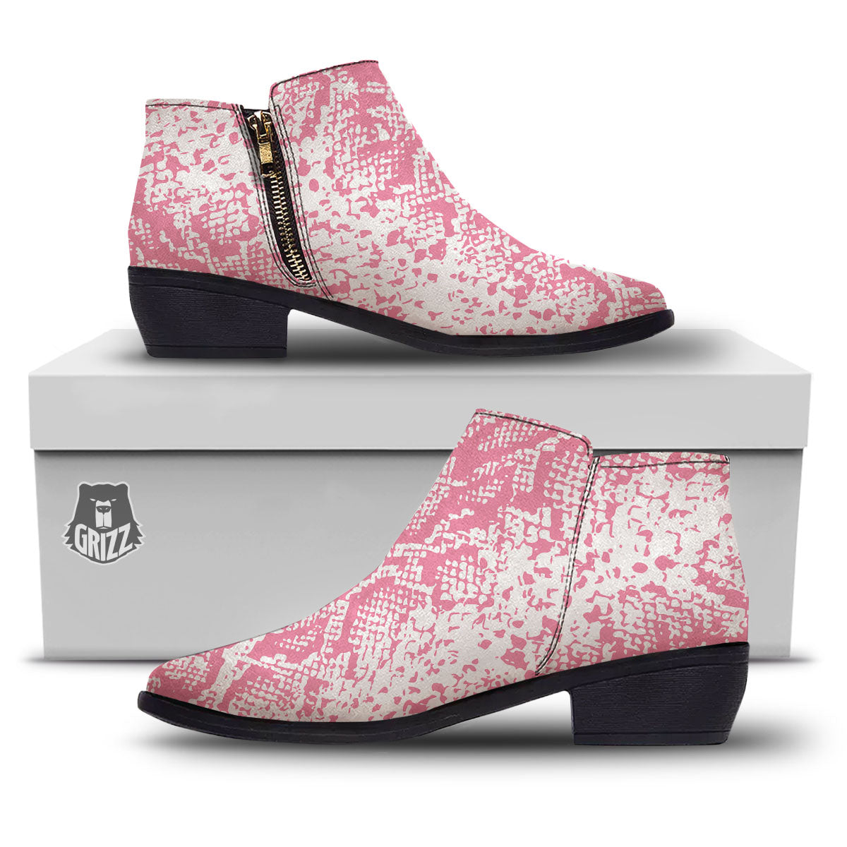 Python Snakeskin Pink Print Ankle Boots-grizzshop