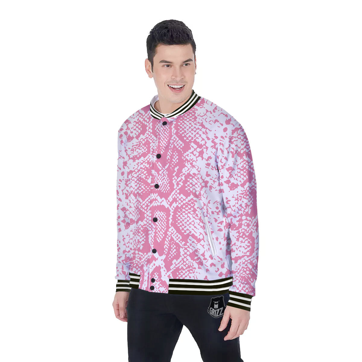 Python Snakeskin Pink Print Baseball Jacket-grizzshop