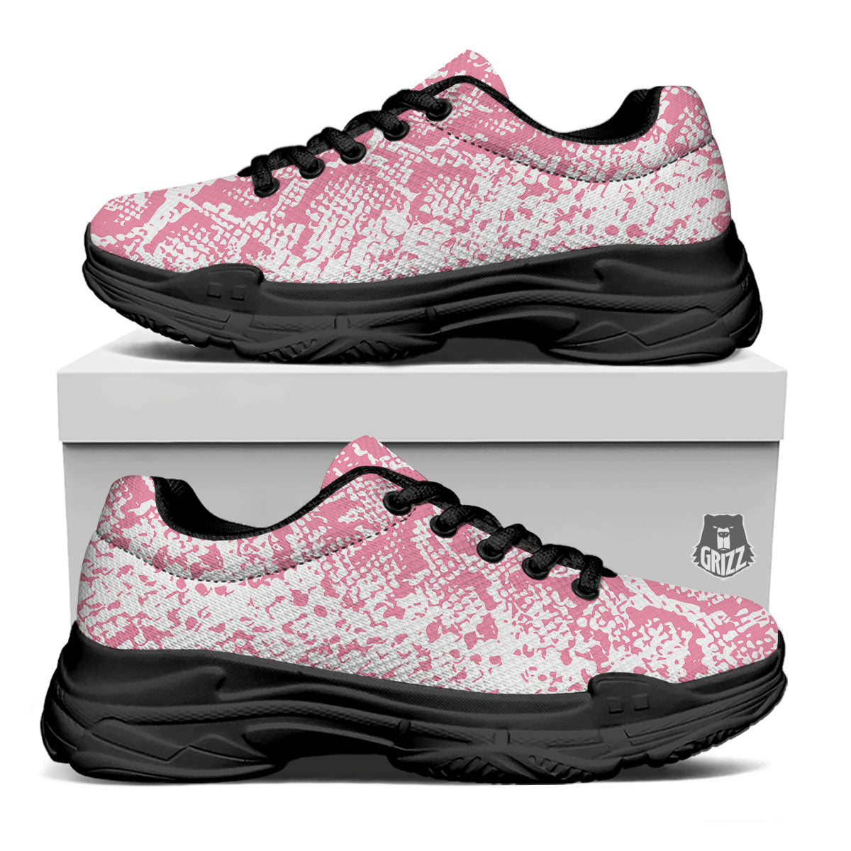 Python Snakeskin Pink Print Black Chunky Shoes-grizzshop