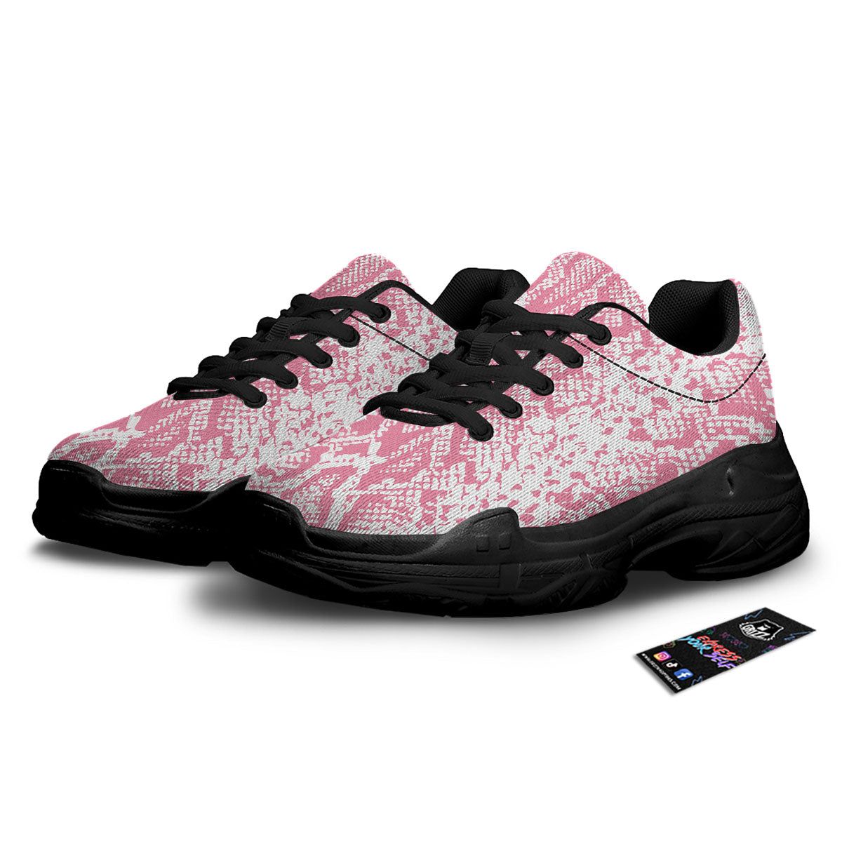 Python Snakeskin Pink Print Black Chunky Shoes-grizzshop