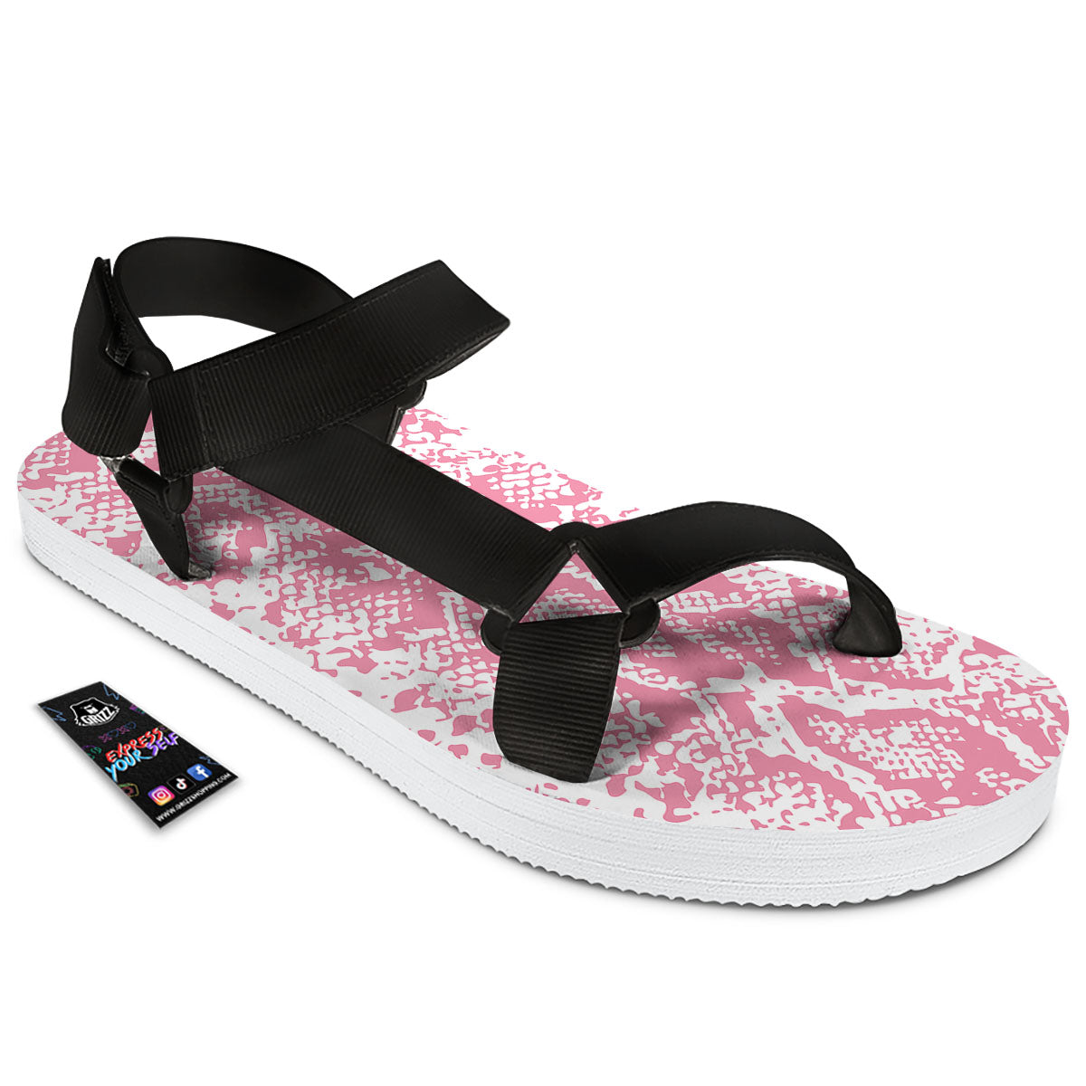 Python Snakeskin Pink Print Black Open Toe Sandals-grizzshop