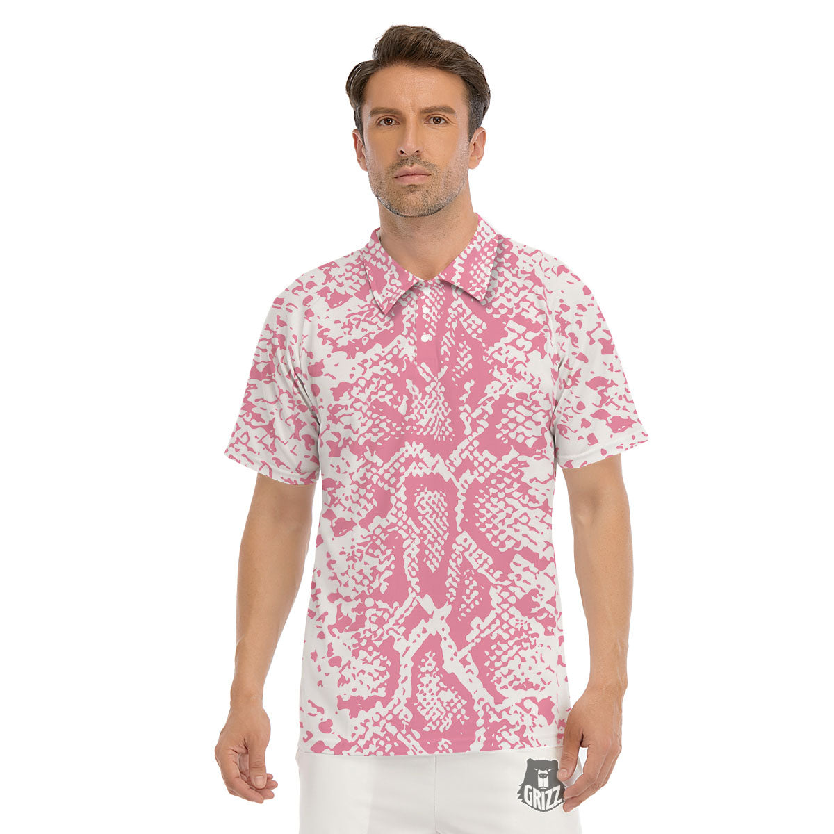 Python Snakeskin Pink Print Men's Golf Shirts-grizzshop