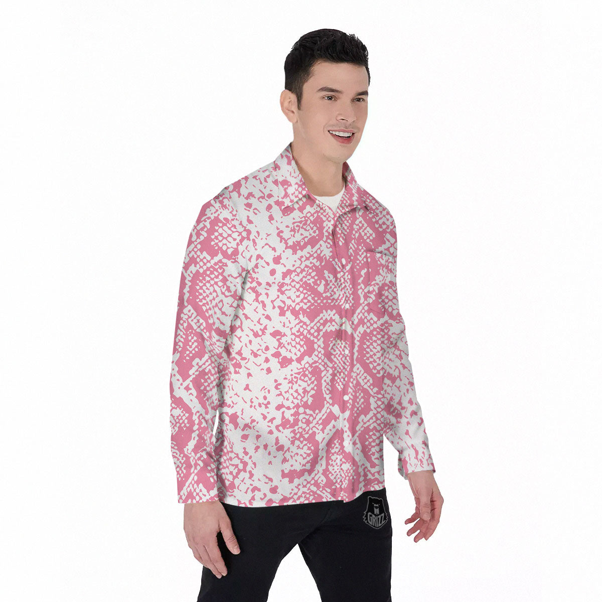 Python Snakeskin Pink Print Men's Long Sleeve Shirts-grizzshop