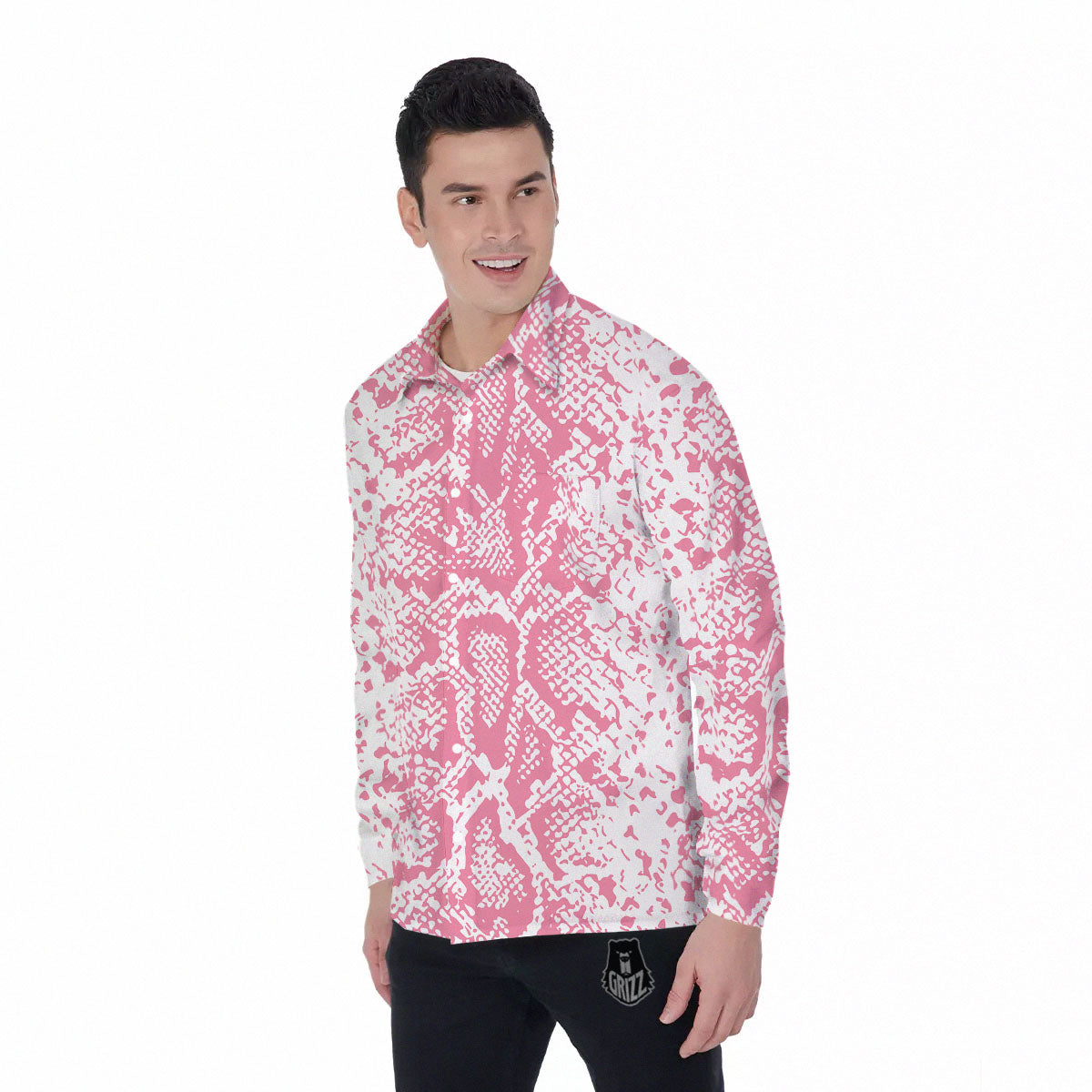 Python Snakeskin Pink Print Men's Long Sleeve Shirts-grizzshop