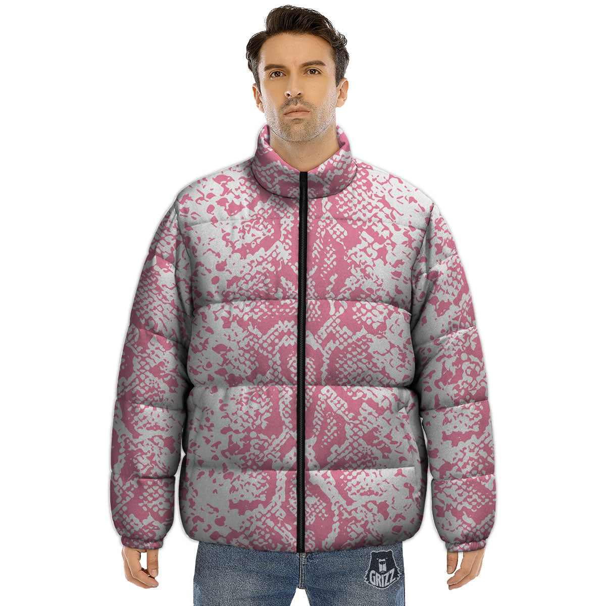 Python Snakeskin Pink Print Puffer Jacket-grizzshop