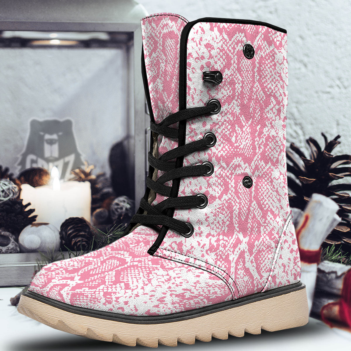 Python Snakeskin Pink Print Snow Boots-grizzshop