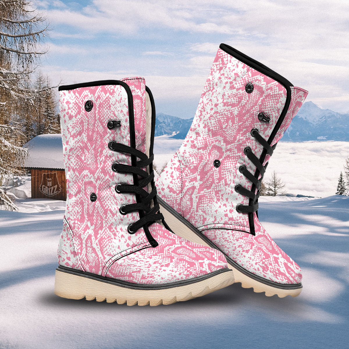 Python Snakeskin Pink Print Snow Boots-grizzshop