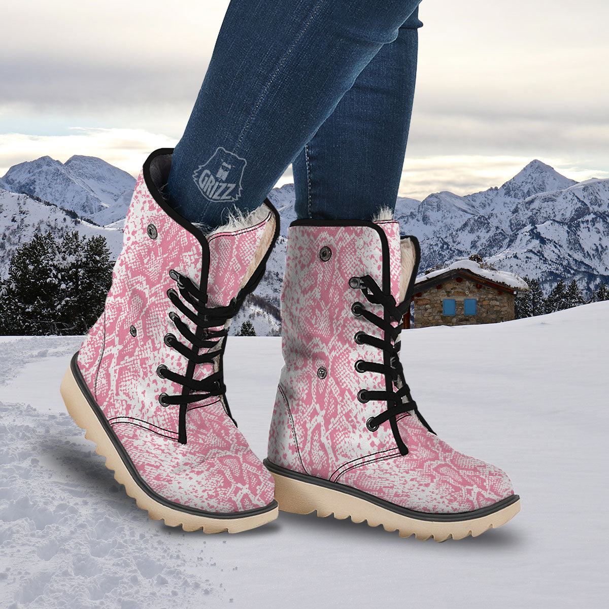 Python Snakeskin Pink Print Snow Boots-grizzshop