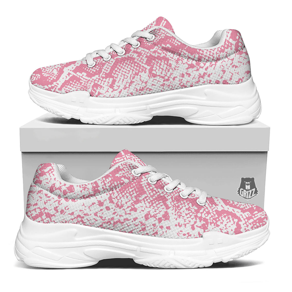 Python Snakeskin Pink Print White Chunky Shoes-grizzshop