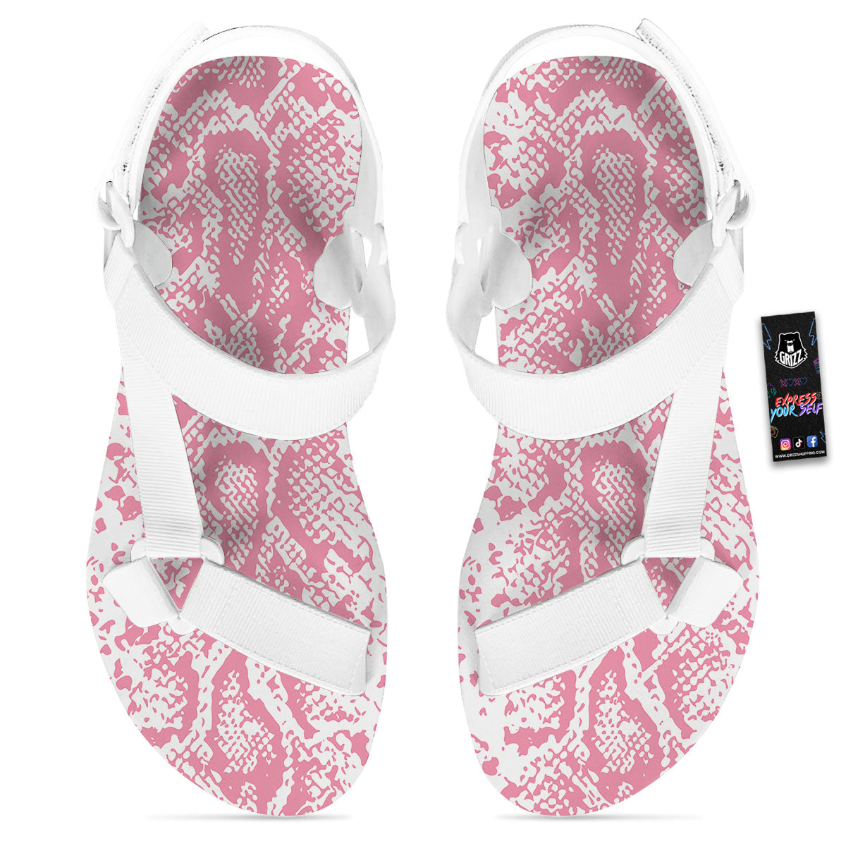 Python Snakeskin Pink Print White Open Toe Sandals-grizzshop