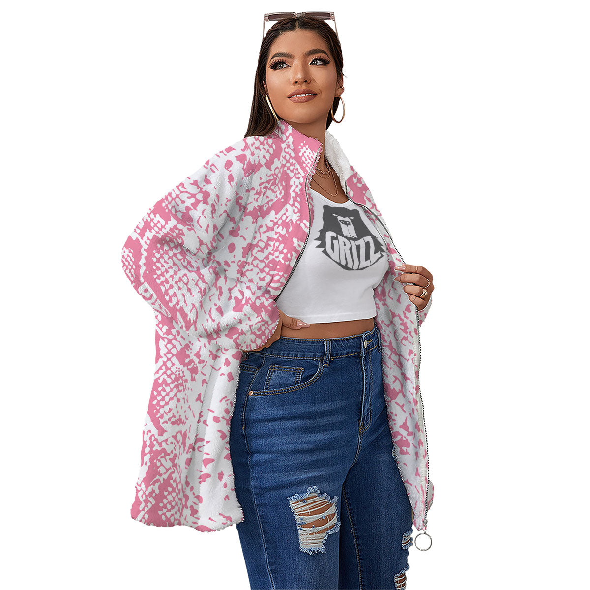 Python Snakeskin Pink Print Women's Sherpa Jacket-grizzshop
