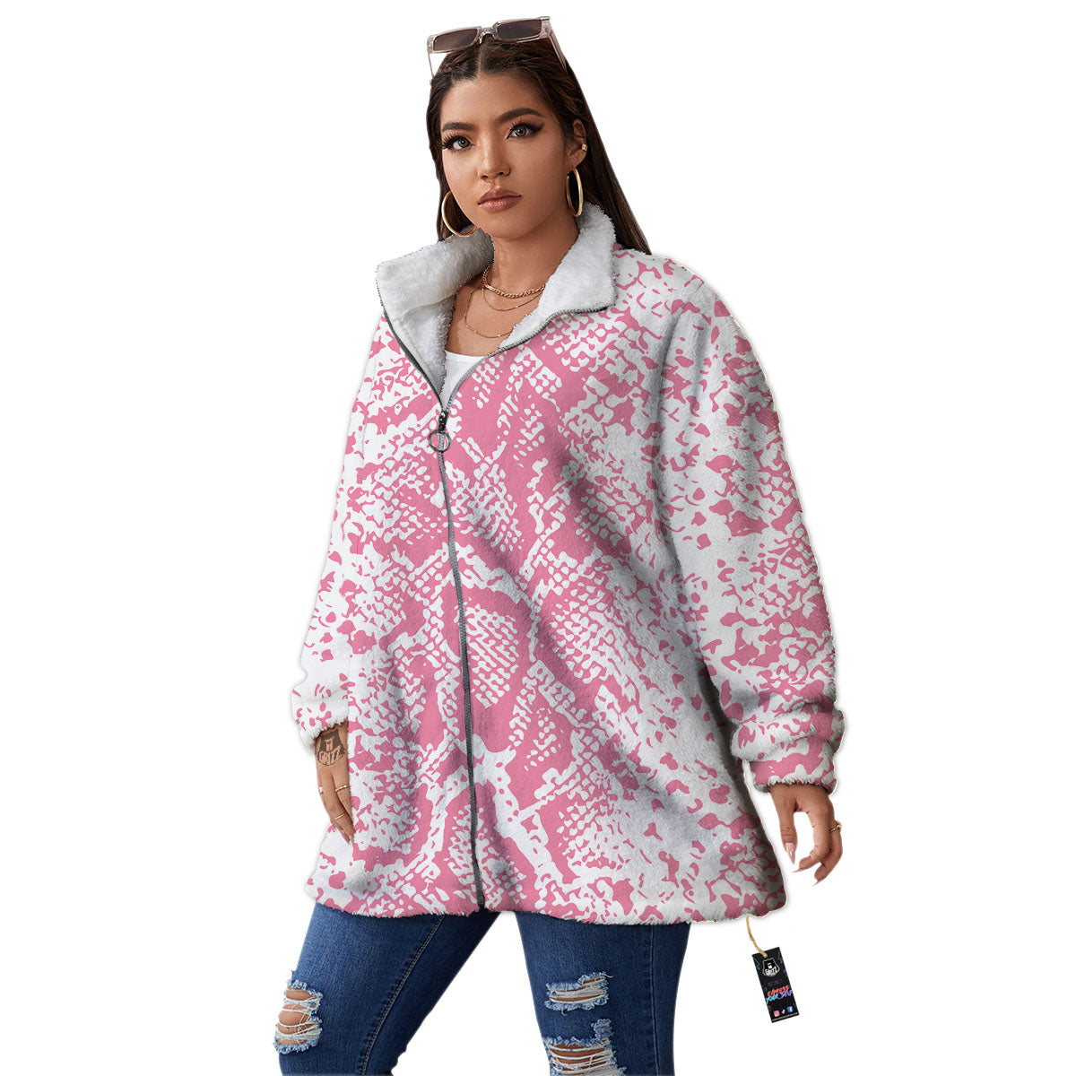 Python Snakeskin Pink Print Women's Sherpa Jacket-grizzshop