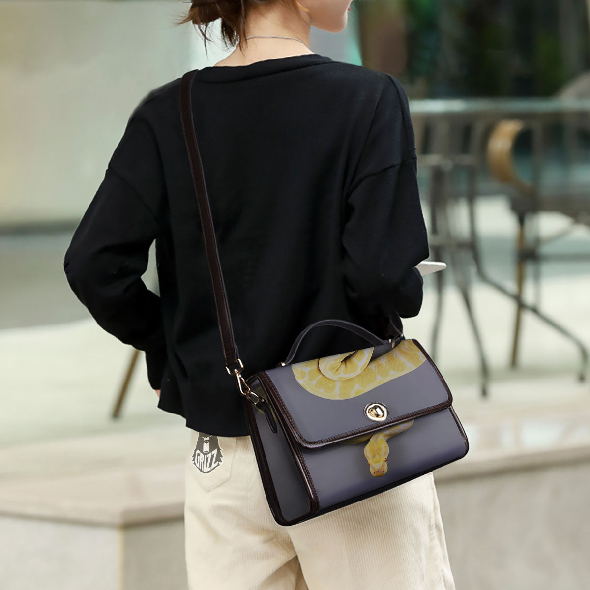 Python Snake Yellow And White Print Women's Satchel Bag