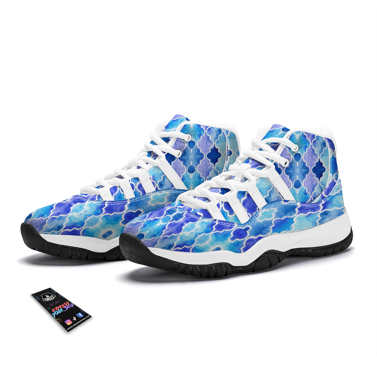 Quatrefoil Blue Watercolor Print Pattern White Bball Shoes-grizzshop