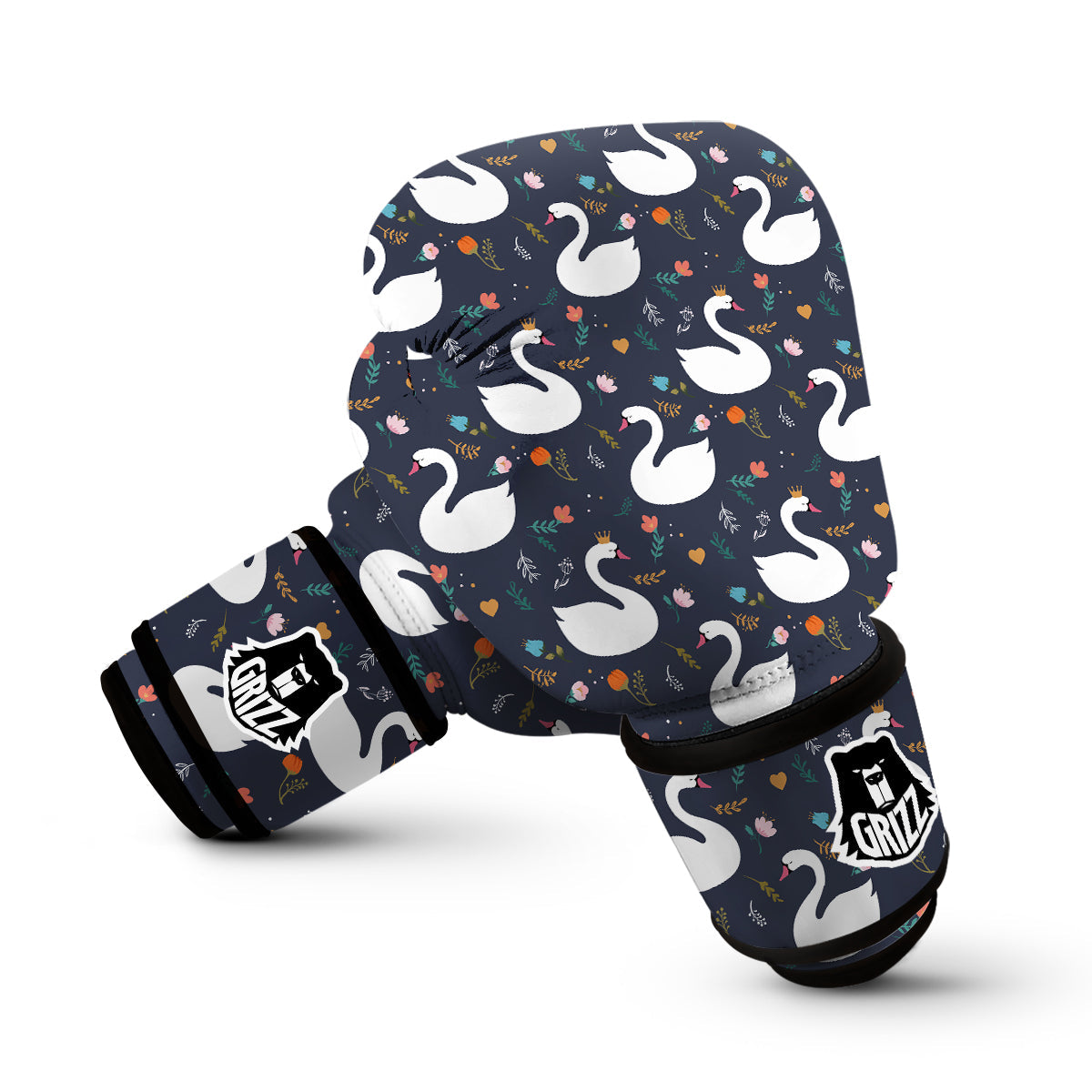 Queen Floral Swan Pattern Print Boxing Gloves-grizzshop