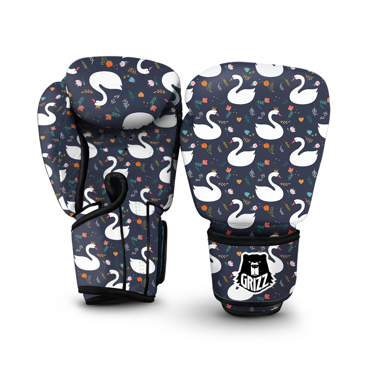 Queen Floral Swan Pattern Print Boxing Gloves-grizzshop