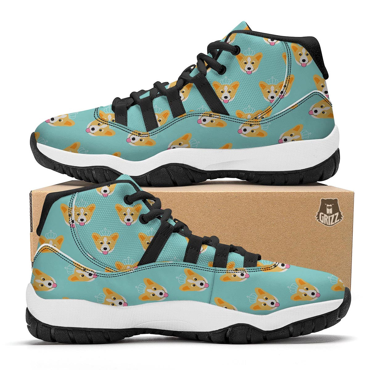 Queen King Corgi Pattern Print Black Bball Shoes-grizzshop