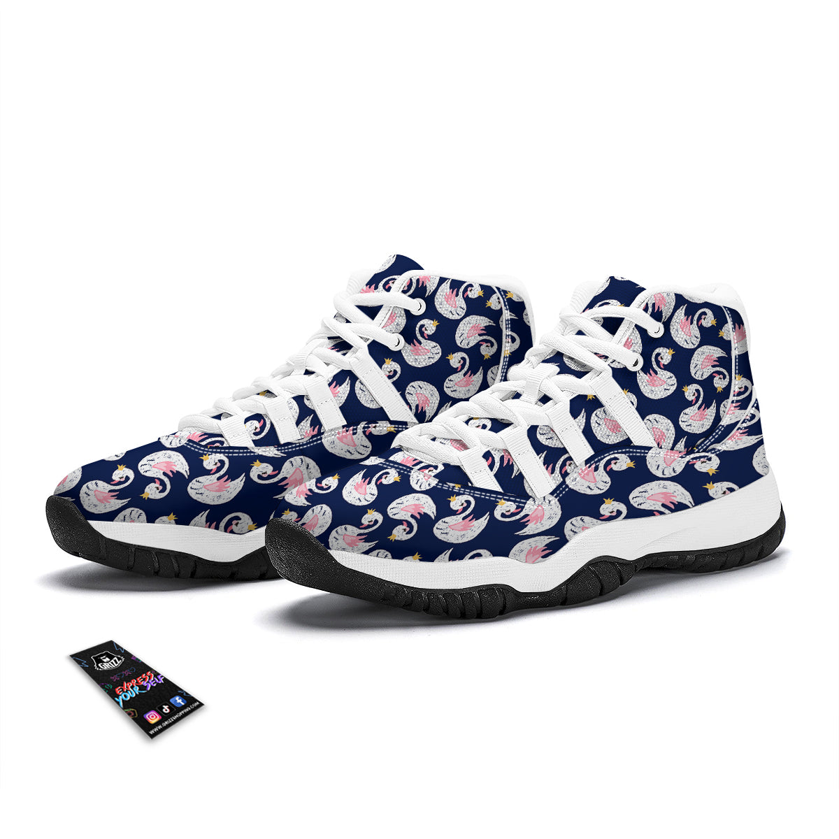 Queen Swan Pattern Print White Bball Shoes-grizzshop