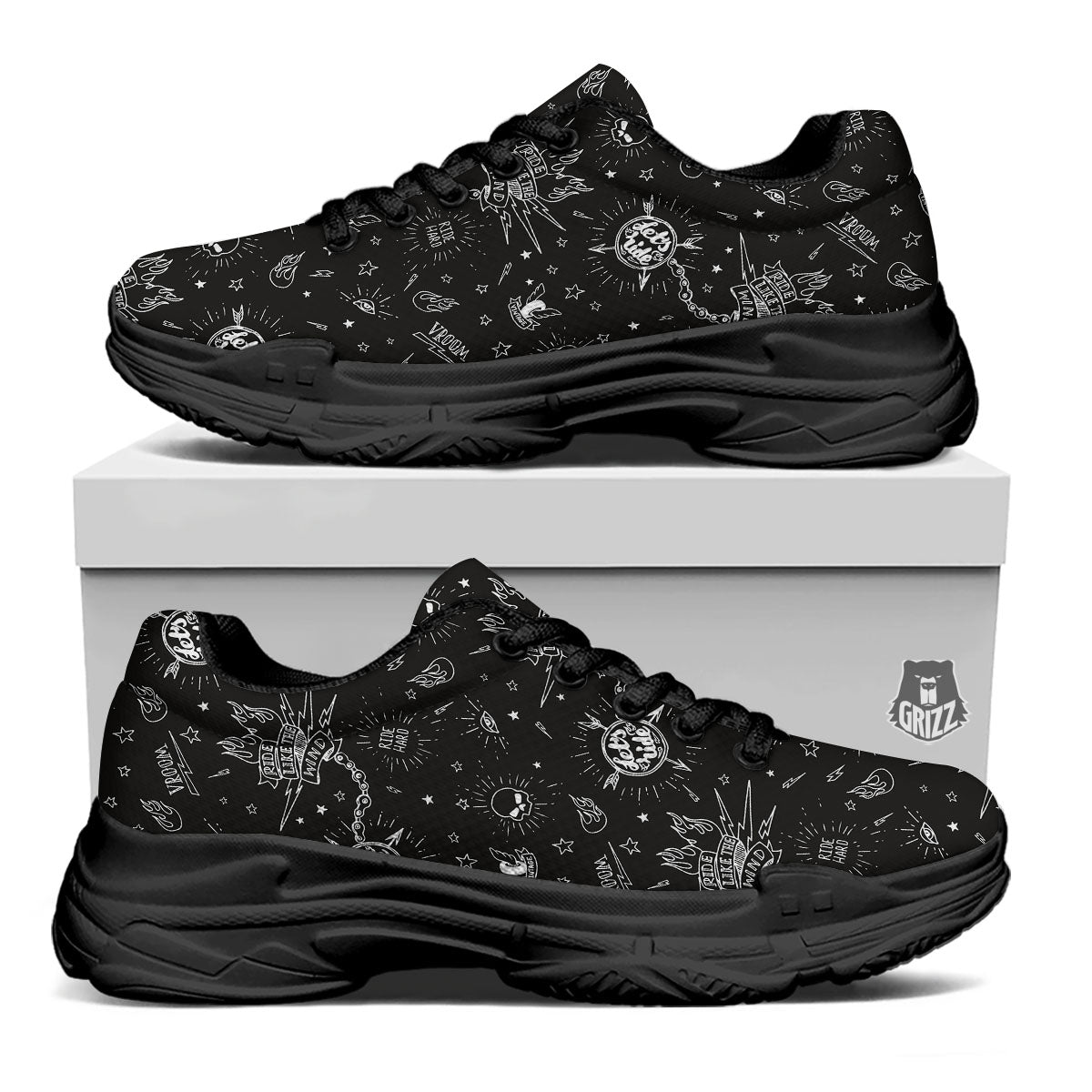 Quote Motorcycle Print Pattern Black Chunky Shoes-grizzshop