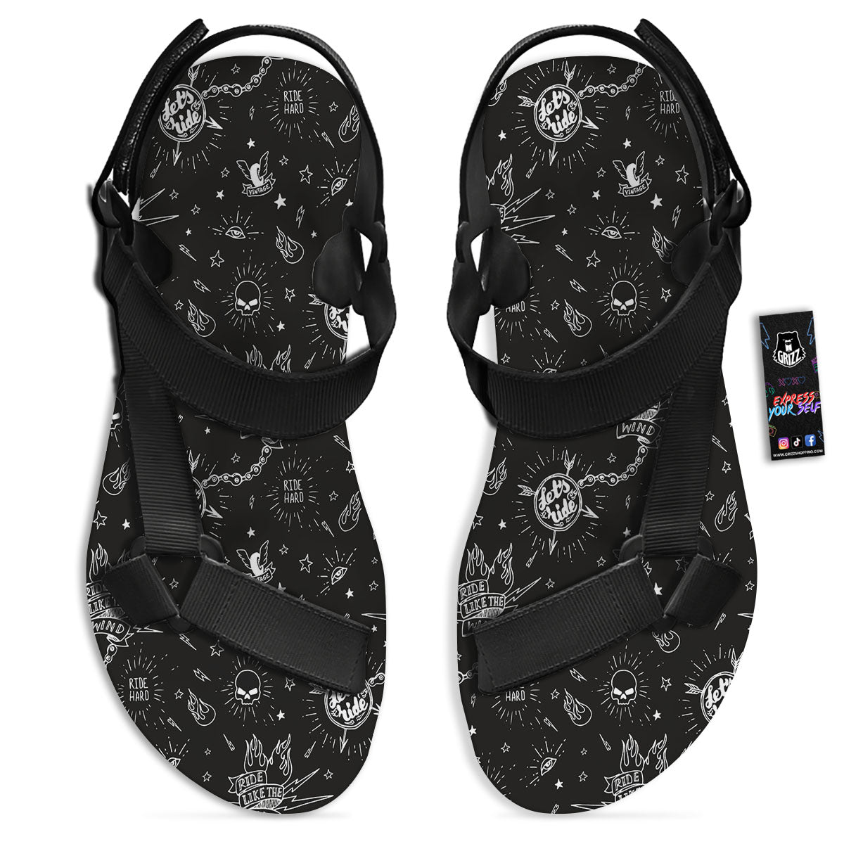 Quote Motorcycle Print Pattern Black Open Toe Sandals-grizzshop