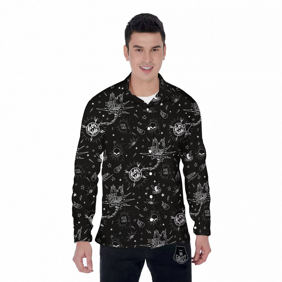 Quote Motorcycle Print Pattern Men's Long Sleeve Shirts-grizzshop