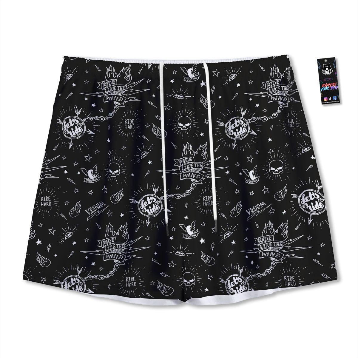 Quote Motorcycle Print Pattern Mesh Shorts