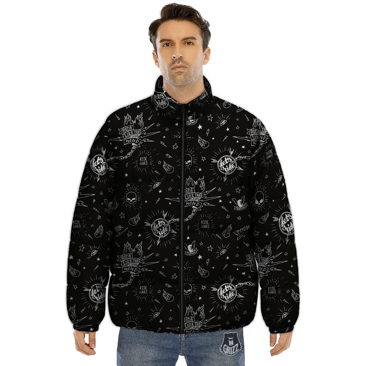 Quote Motorcycle Print Pattern Puffer Jacket-grizzshop