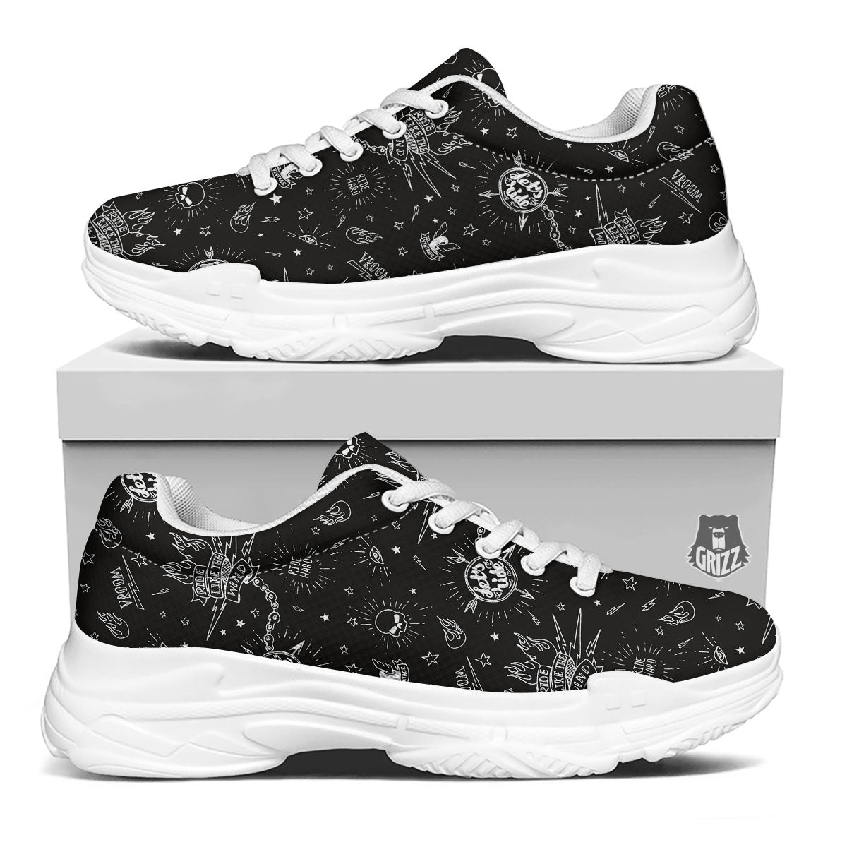 Quote Motorcycle Print Pattern White Chunky Shoes-grizzshop
