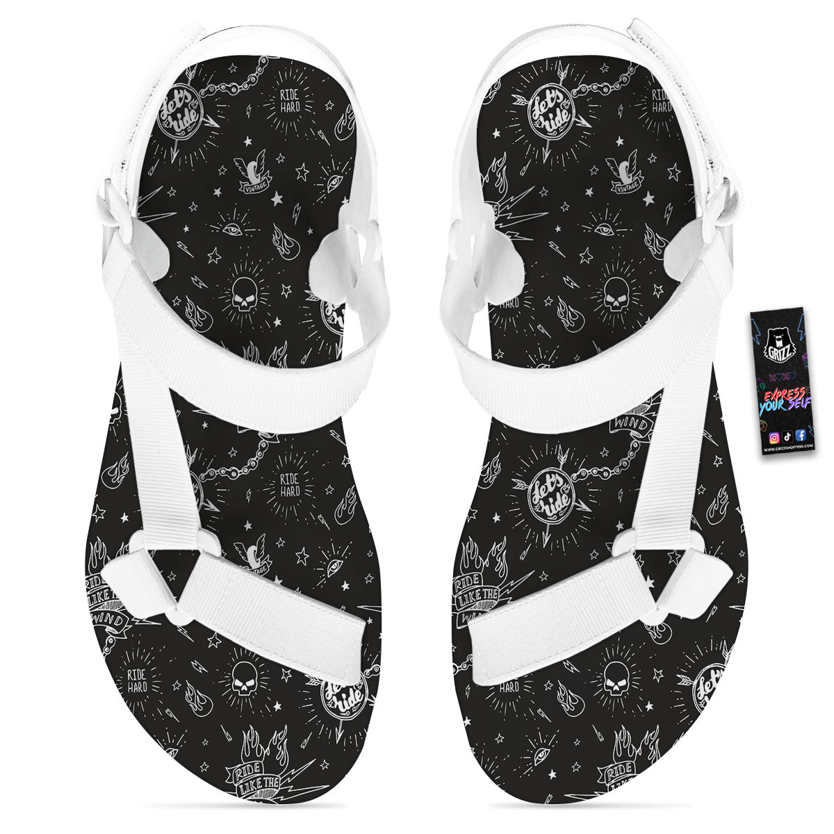 Quote Motorcycle Print Pattern White Open Toe Sandals-grizzshop