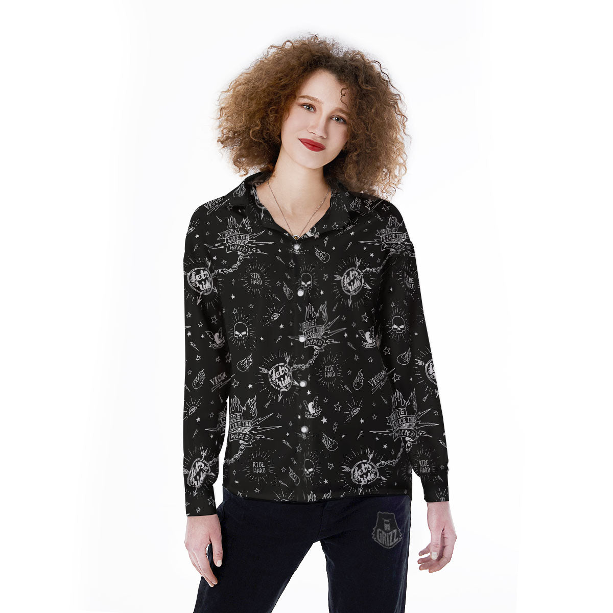 Quote Motorcycle Print Pattern Women's Long Sleeve Shirts-grizzshop