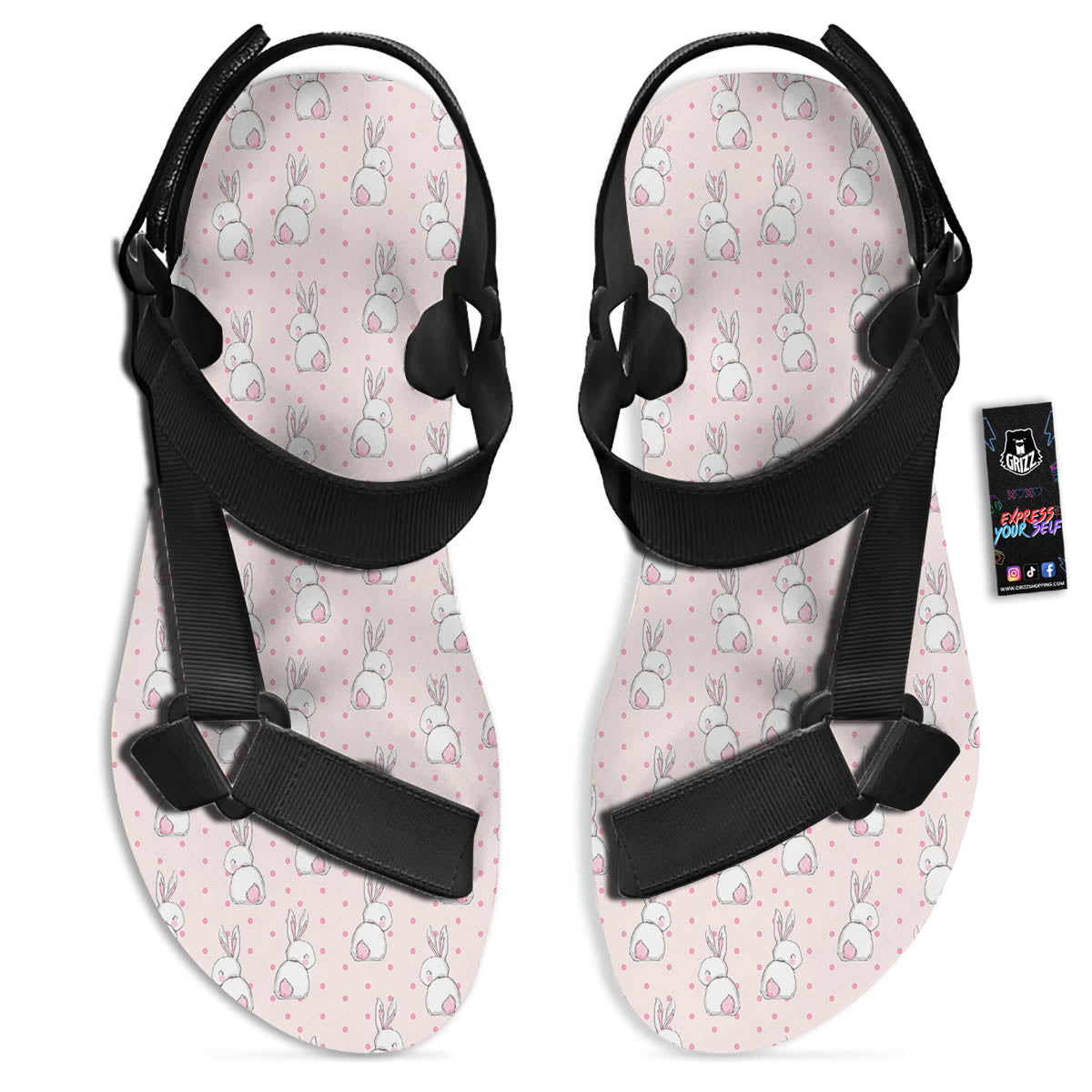Rabbit Cartoon Print Pattern Black Open Toe Sandals-grizzshop