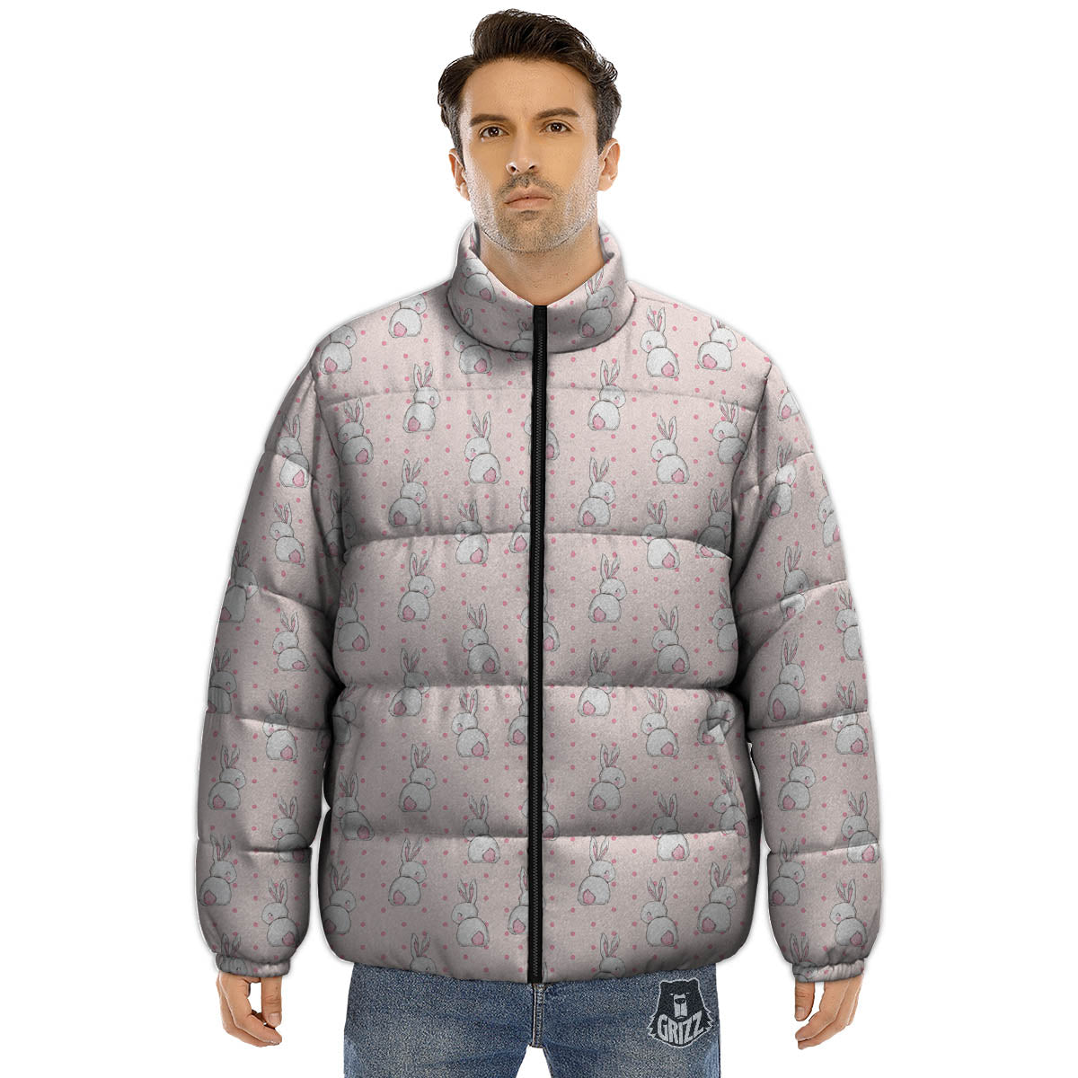 Rabbit Cartoon Print Pattern Puffer Jacket-grizzshop