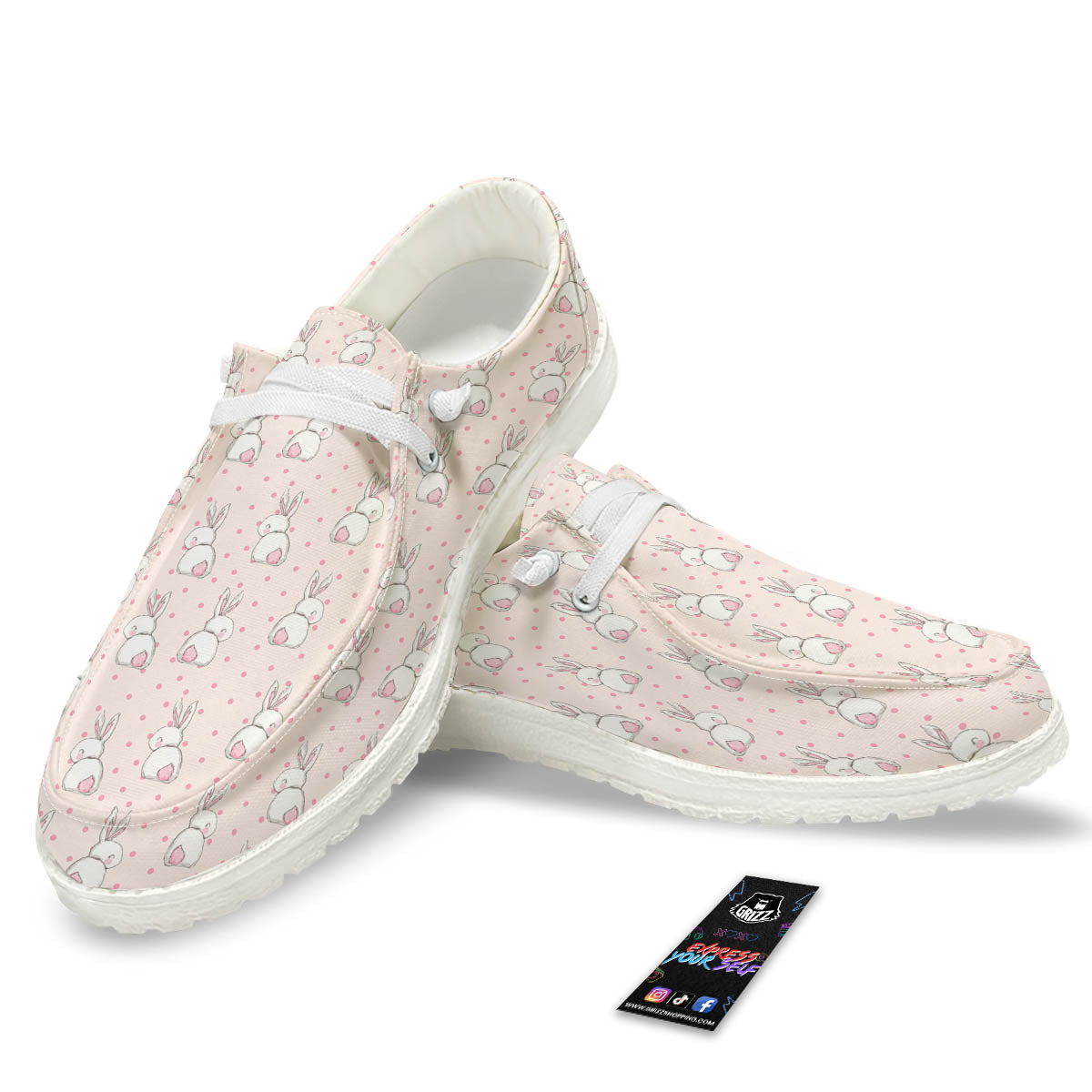 Rabbit Cartoon Print Pattern White Loafers-grizzshop