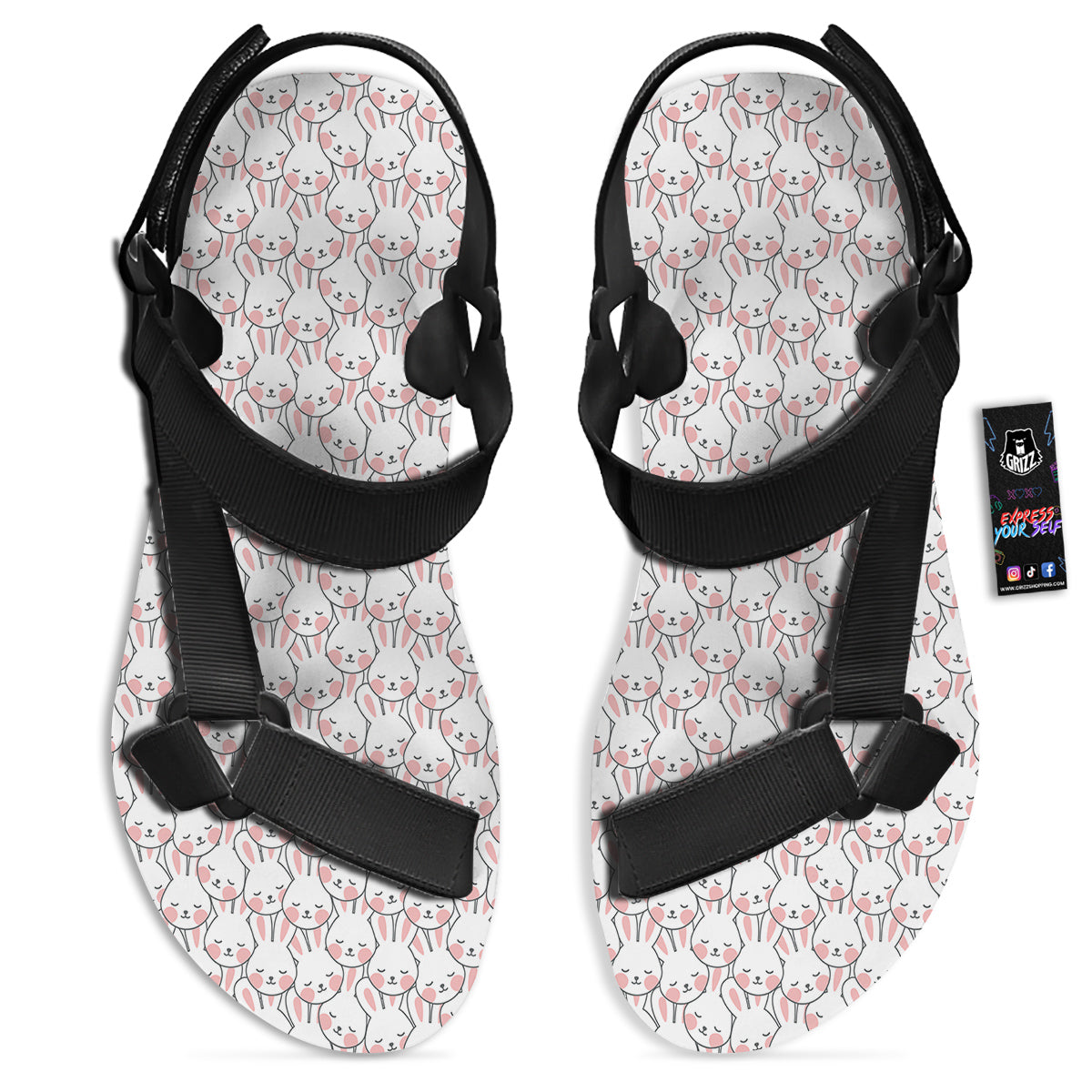 Rabbit Cute Print Pattern Black Open Toe Sandals-grizzshop