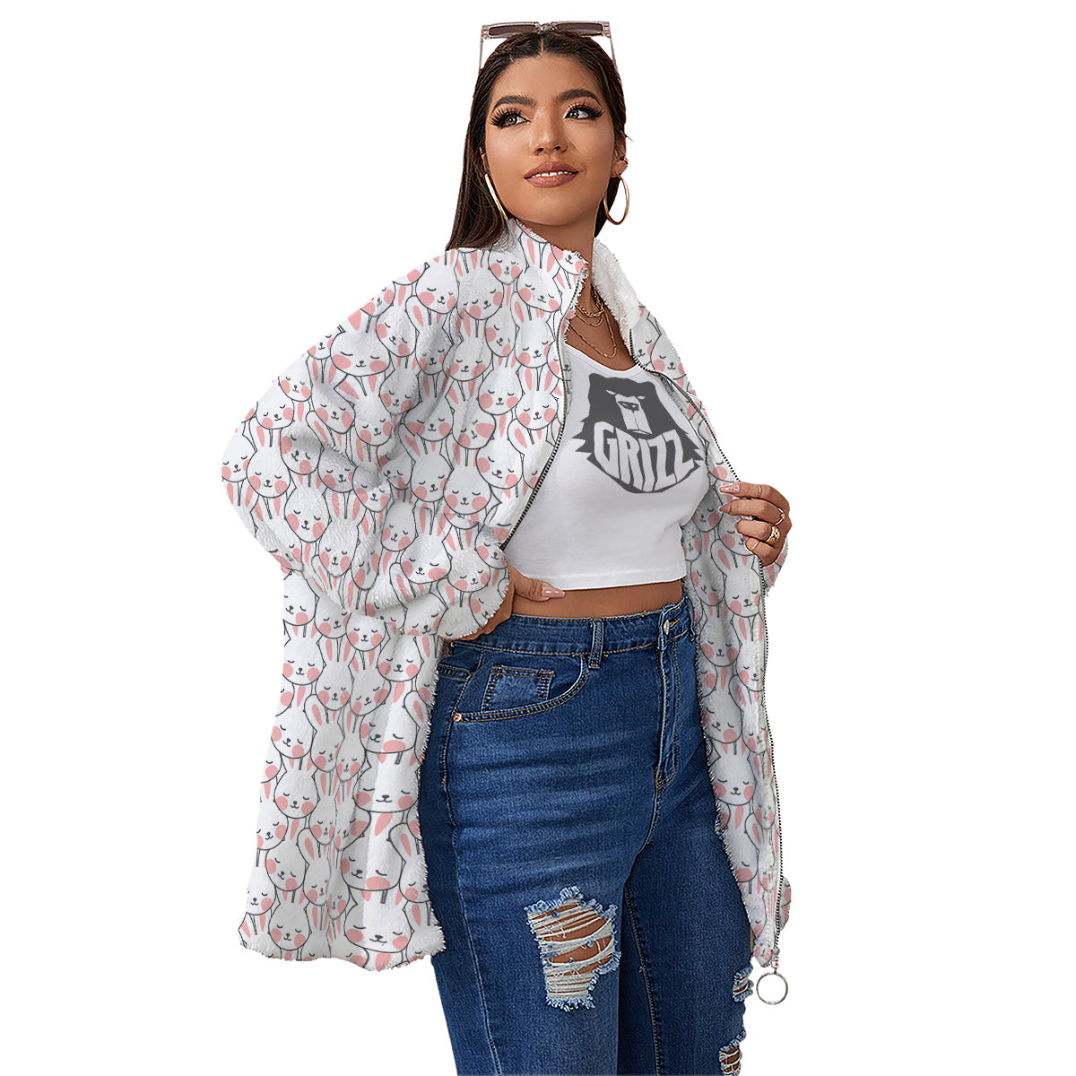 Rabbit Cute Print Pattern Women's Sherpa Jacket-grizzshop